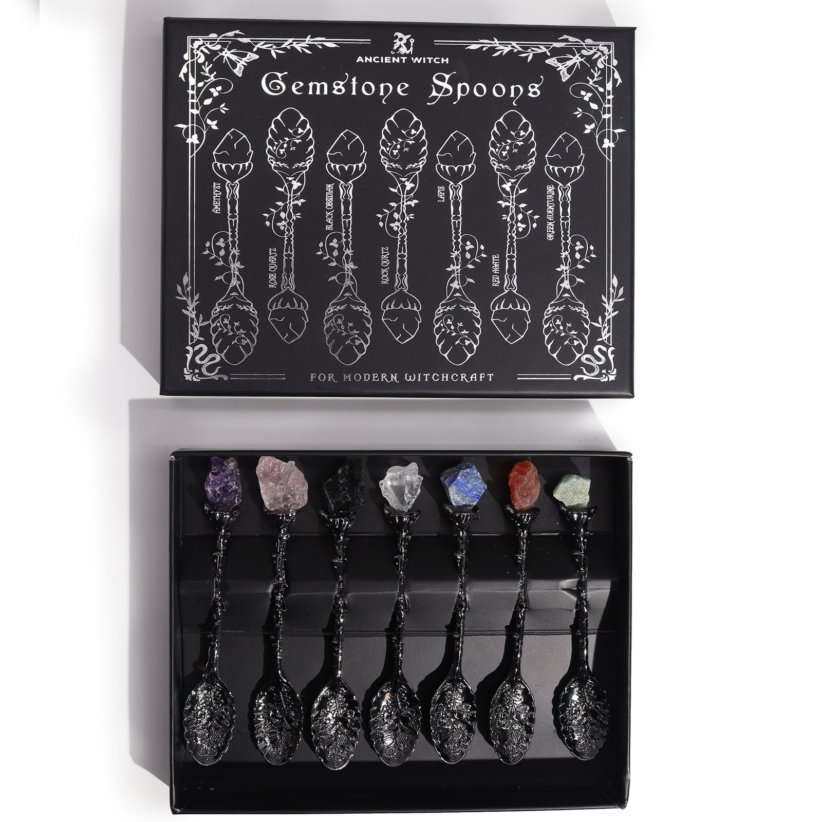 set of 7 dark silver gemstone crystal witch spoons set of 7 dark silver gemstone crystal witch spoons