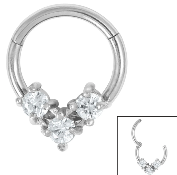 steel claw set jewelled triangle hinged clicker ring steel claw set jewelled triangle hinged clicker ring